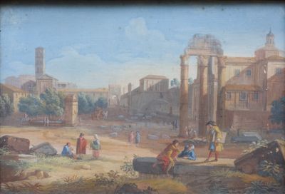 painting of a view of a roman city with people in the foreground and a clock tower in the background