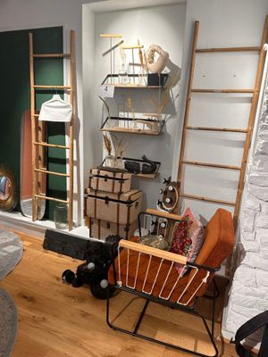 un salon avec une cheminée et une échelle