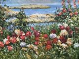 painting of flowers in a field with a view of a body of water in the distance
