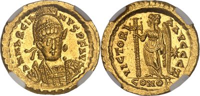 a gold coin with an image of a man and a woman on it