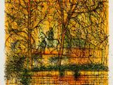 an image of a drawing of trees and a bench in a park