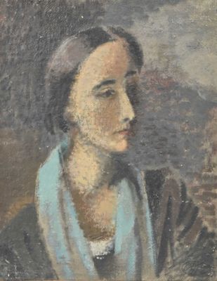 an old painting of a woman with a blue scarf