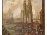 an oil painting of a harbor scene with a castle in the background