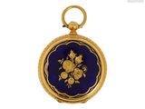 une image représentant une montre de poche dorée et bleue ornée d'un motif floral