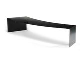 a black curved table with a glass top on a white background