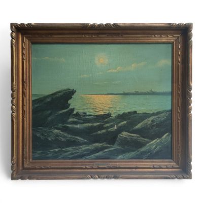 an oil painting of a sunset over the ocean with rocks in the foreground