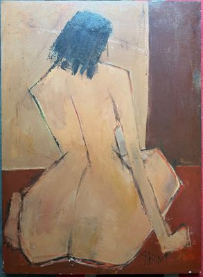 une peinture à l'huile représentant une femme nue assise sur une surface rouge