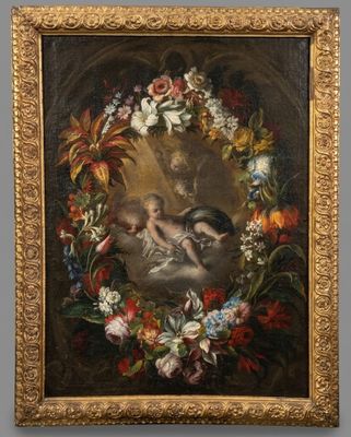 a painting of a wreath of flowers with a cher and cher cher