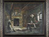 an image of a painting of a woman in a room with a fireplace