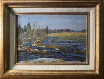 an oil painting of a river in a golden frame with trees in the background