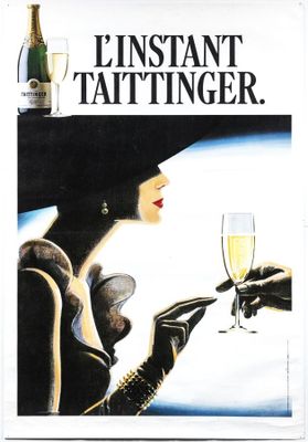 poster of a woman holding a glass of champagne in front of a bottle of champagne