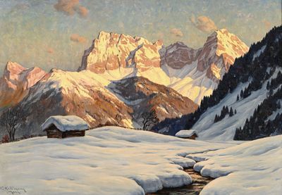 peinture représentant un paysage de montagne avec un ruisseau au premier plan