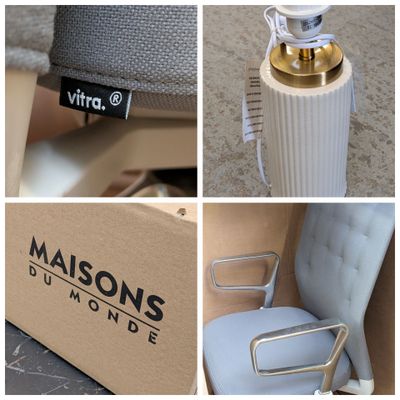 four different pictures of a chair with a bottle of perfume in it