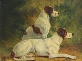 tableau représentant deux chiens assis par terre devant un buisson