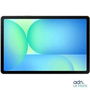the tablet is on a white surface with a blue background