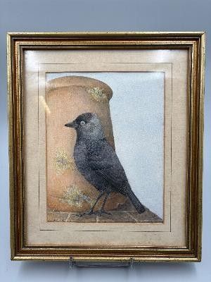 tableau représentant un oiseau noir perché sur un vase marron