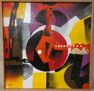 peinture abstraite représentant un vase rouge sur fond noir et jaune