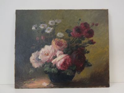 une peinture de fleurs dans un vase sur une table