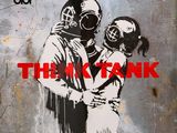 a painting of a man and a woman hugging each other with the words think tank on it