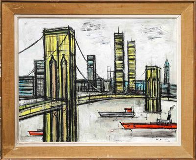 une image représentant une peinture d'un paysage urbain avec un bateau sur l'eau