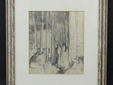 un dessin en noir et blanc représentant un groupe de personnes dans une forêt