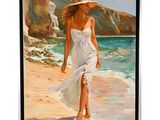 une peinture à l'huile représentant une femme en robe blanche et chapeau marchant sur la plage