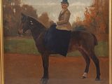 painting of a woman riding a horse on a dirt road