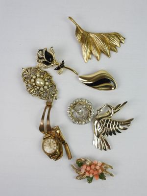 five different brooches and a watch on a white surface