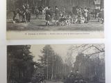 two black and white photos of people riding horses in a wooded area