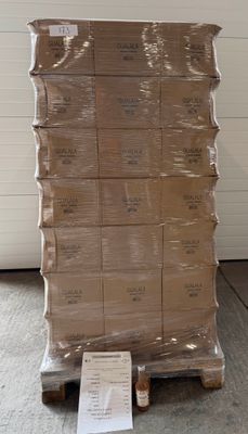 a large stack of boxes sitting on a pallet in a warehouse