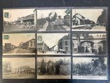 several black and white photos of a train station with people on the tracks