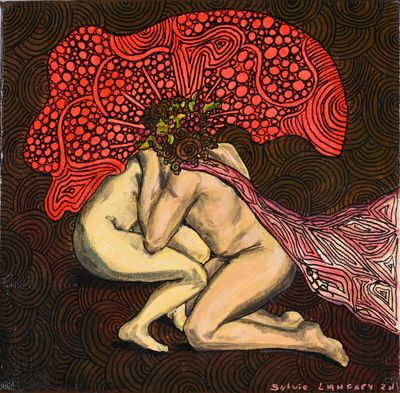 un tableau représentant une femme nue avec un parapluie rouge