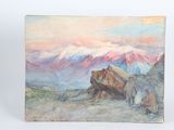 an oil painting of a group of people standing on top of a mountain