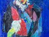 painting of a clown sitting on a chair holding a green bag
