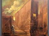 an oil painting of a man walking down a set of stairs