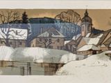 painting of a snowy village with a clock tower in the background