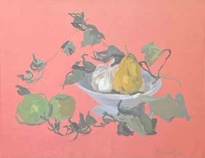a painting of a bowl of fruit on a table