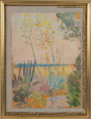 une peinture à l'huile représentant un paysage avec des arbres et des buissons