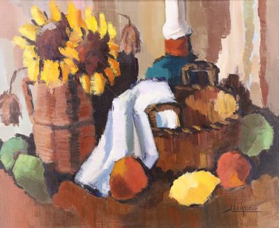 Jean LEVASSEUR (né en 1935). Tournesols et lampe à pétrole.