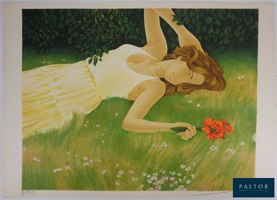 un tableau représentant une femme allongée dans l'herbe, entourée de fleurs