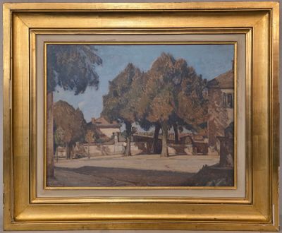 une image d'une peinture représentant une scène de rue avec une voiture à cheval