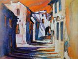 une peinture représentant une peinture d'une rue avec des escaliers et des immeubles