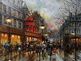 painting of people walking down a street in a city at night