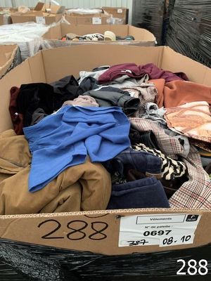 a cardboard box full of clothes in a warehouse
