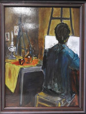 painting of a man sitting in front of a table with a painting on it