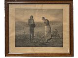 an old picture of a couple of people standing in a field