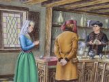 a painting of a man and a woman in a kitchen