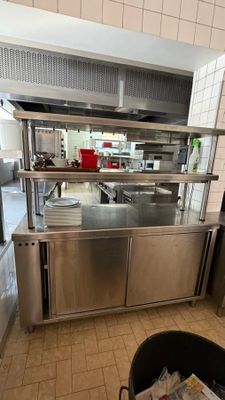 a large stainless steel kitchen with lots of counter space