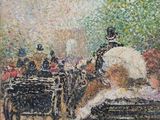 un tableau représentant une calèche tirée par des chevaux avec des personnes à bord