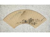 an oriental fan with a painting of a mountain scene on it
